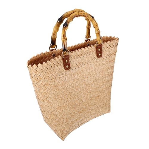 TOGEVAL Beige Handgewebte Rattan Strandtasche Große Geflochtene Sommer Tasche Französische Retro Handtasche für Urlaub Picknick Hochzeit Vielseitiger Korb mit Holzgriff von TOGEVAL