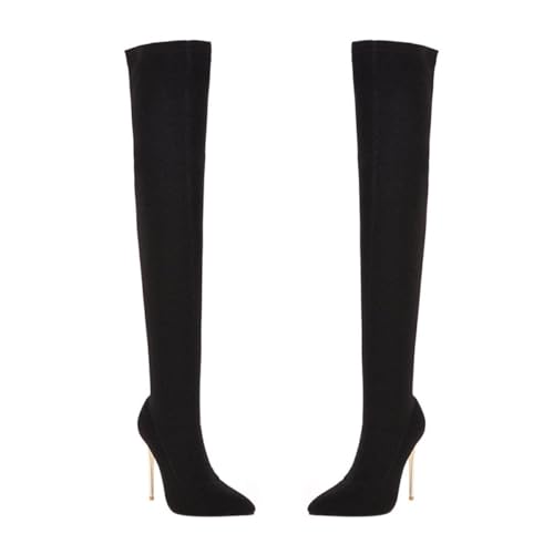 TOGEVAL Damen Overknee Stiefel mit Dünnem Absatz Kniehohe Langschaftstiefel aus Weichem Material Rutschfeste Gummisohle Winterliche High Heel Boots für Modische Frauen Schwarz von TOGEVAL