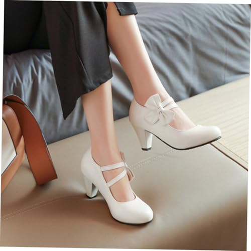 TOGEVAL Damen Pumps mit Chunky High Heel Anti rutsch sohle Modische Schuhe mit Schleifen design Komfortabel für Partys Büro Hochzeit und Besondere Anlässe Weiß von TOGEVAL
