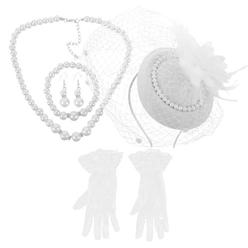 TOGEVAL Elegantes Damen tea Weiß mit Spitzen headband und Schleier Kurze Spitzenhandschuhe Perlenkette und Armband Ohrstecker für Sommerkostüm und Viktorianischen Stil von TOGEVAL