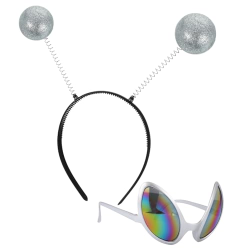 TOGEVAL Festival Haarschmuck Mit Alien Brille Und Kreativem Saucer Man Design Silbergraue Rahmen Mit Bunten Glitzersteinen Und Passendem Haarreifen Für Partys Und Karneval von TOGEVAL