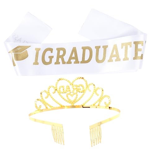 TOGEVAL Graduation Tiara mit Schärpe Abschlusskrone Dekoration für Partys für Mädchen und Unvergessliches Abschlussfeier Set Gold von TOGEVAL