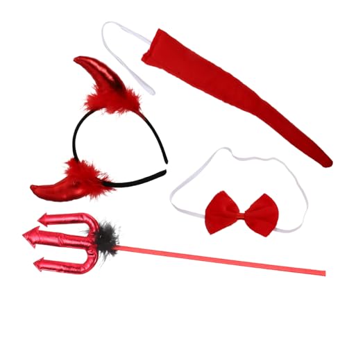 TOGEVAL Halloween Teufel Kostüm Set Teilig mit Elastischem Teufelshorn Haarreifen Roter Fell Leichtem Teufelszubehör und Teufelsfork Cosplay Requisite für Karneval Fasching Party und von TOGEVAL