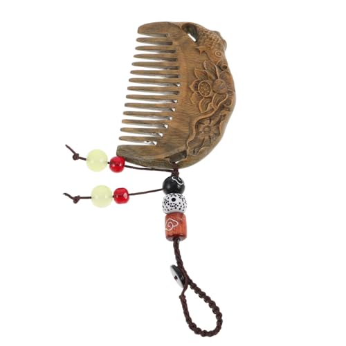 TOGEVAL Holzkamm Aus Sandelholz Kleiner Kamm Naturgeschnitzt Mit Seilhalskette Und Lotus-fisch-design Für Schlüsselanhänger Rucksack Und Geldbörse von TOGEVAL