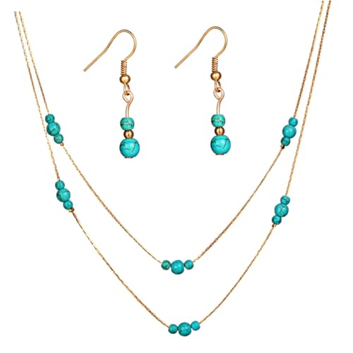 TOGEVAL Multilayer Schmuckset Damen mit Grünen Türkis Ohrringen und Goldfarbener Runder Anhänger Halskette Modisches Mehrlagiges Damen Set für Besondere Anlässe und Alltag von TOGEVAL