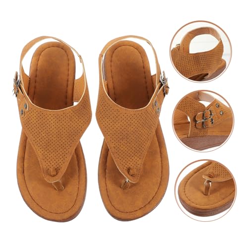 TOGEVAL Sommerliche Damen Sandalen Flach Atmungsaktiv PU Gummi Sohle Rutschfest Angenehm Leichte Strandschuhe für Outdoor Hellbraun von TOGEVAL