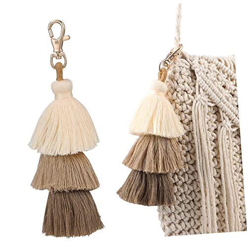 TOGEVAL Multi-lagige Quasten-anhänger Für Taschen Handgefertigter Boho Schlüsselanhänger Baumwolle Elegantes Fransen-Pendant Für Geldbörse Und Handtasche Cremefarben von TOGEVAL