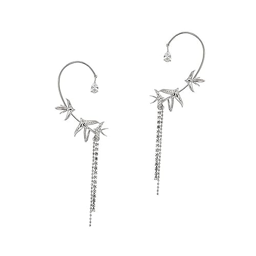 TOGEVAL Tassel Ohrclips Piercing Lange Zirkonia Ohrmanschetten für Damen Modischer Ohrschmuck Asymmetrische Ohrdekoration für Alltag Hochzeit Party Teiliges Silber von TOGEVAL
