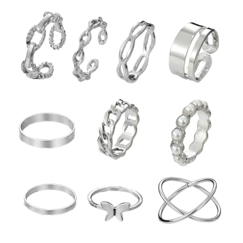 TOGEVAL Teiliges Silbernes Ring Damen Verstellbare Fingerringe mit Perlen und Schmetterlingsdesign Elegantes Schmuckkit für Alltag Partys und Geschenkideen von TOGEVAL