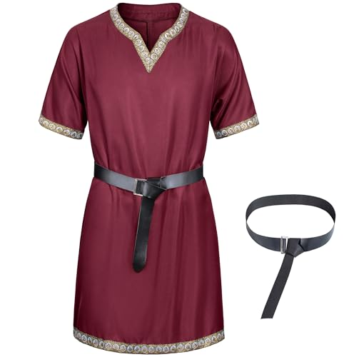 Mittelalterliches Herren-Kostüm, Wikinger-Piraten-Tunika, Ritter, Krieger, Renaissance, Hemden mit Gürtel, Weinrot, Small von TOGROP