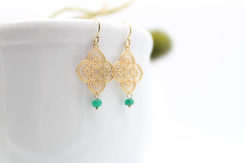 Bohemian Boho Emerald | 14K Gold Filled Ohrringe Mit 925 Silber 24K Vergoldeter Blume Lasercut Smaragd Mandala Karma Boho Grün von TOHO925