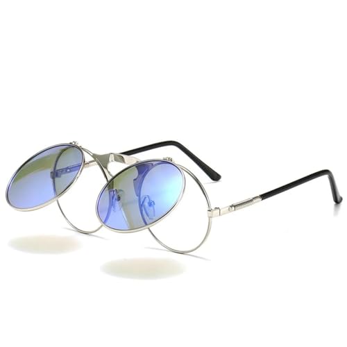 TOIPASTN Flip-Sonnenbrille Steampunk Fold Herren Damen Doppellinse Klare Legierung UV400 (Silber Eisblau) von TOIPASTN