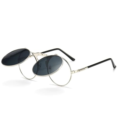 TOIPASTN Flip-Sonnenbrille Steampunk Fold Herren Damen Doppellinse Klare Legierung UV400 (Silber Schwarz Grau) von TOIPASTN