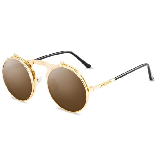 TOIPASTN Herren Vintage Steampunk Runde Sonnenbrille Damen Sonnenbrille UV (Goldbraun) von TOIPASTN