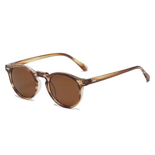 TOIPASTN Retro Polarisierte Sonnenbrille Herren Damen Mode Kleine Runde Sonnenbrille (C10-Teestreifen Braun) von TOIPASTN