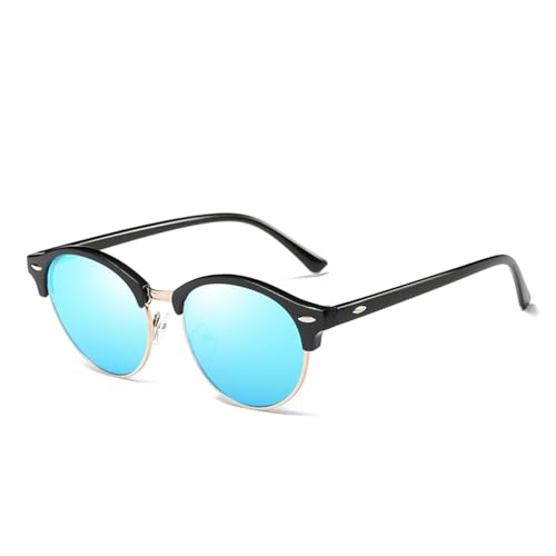 TOIPASTN Runde Damen Herren Kleine Halbrahmen Polarisierte Sonnenbrille Mode Vintage UV400 (Schwarz-Blau) von TOIPASTN