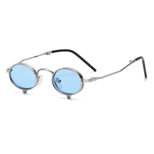 TOIPASTN Steampunk Flip Up Sonnenbrille Herren Metal Punk Rund Damen Retro UV400 (C2Silber-Blau) von TOIPASTN
