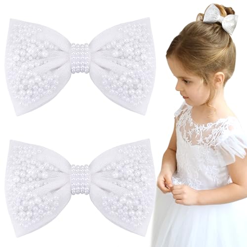 Perlen-Haarschleifen für Mädchen, weiße Perlen, Haarschleifen, Hochzeits-Haarschmuck für Babys, Kleinkinder, Kinder, 2 Stück Perlen-Haarschleifen für Mädchen, weiße Perlen, Haarschleifen, Hochzeits-Haarschmuck für Babys, Kleinkinder, Kinder, 2 Stück von TOKUFAGU