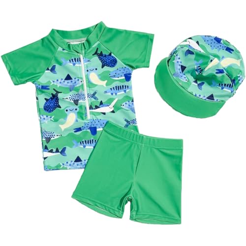 2-teilig Kleinkind Baby Jungen Badeanzug UPF 50+ UV-Schutz Kurzärmel T-Shirt + Badeshorts mit UV-Schutz Sonnenhut Rashguard Reißverschluss Badeset Schwimmanzug von TOKYMOON