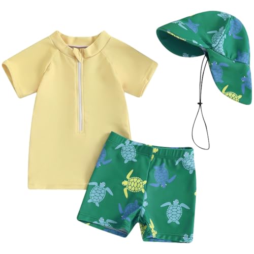 2-teilig Kleinkind Baby Jungen Badeanzug UPF 50+ UV-Schutz Kurzärmel T-Shirt + Badeshorts mit UV-Schutz Sonnenhut Rashguard Reißverschluss Badeset Schwimmanzug von TOKYMOON