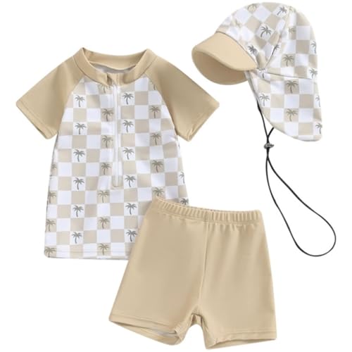 2-teilig Kleinkind Baby Jungen Badeanzug UPF 50+ UV-Schutz Kurzärmel T-Shirt + Badeshorts mit UV-Schutz Sonnenhut Rashguard Reißverschluss Badeset Schwimmanzug von TOKYMOON