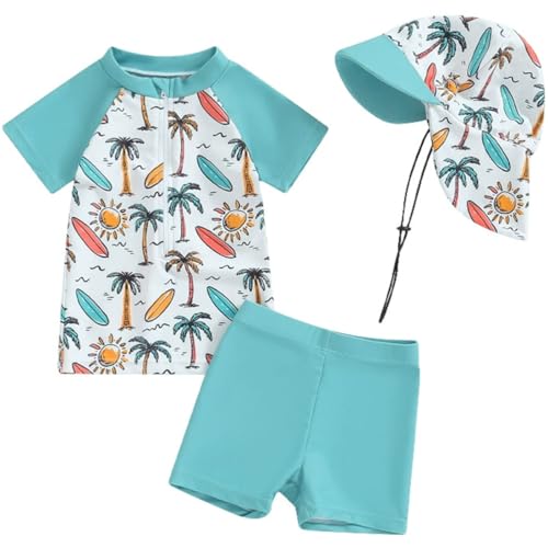 2-teilig Kleinkind Baby Jungen Badeanzug UPF 50+ UV-Schutz Kurzärmel T-Shirt + Badeshorts mit UV-Schutz Sonnenhut Rashguard Reißverschluss Badeset Schwimmanzug von TOKYMOON