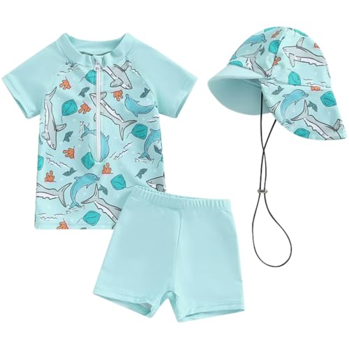 2-teilig Kleinkind Baby Jungen Badeanzug UPF 50+ UV-Schutz Kurzärmel T-Shirt + Badeshorts mit UV-Schutz Sonnenhut Rashguard Reißverschluss Badeset Schwimmanzug von TOKYMOON