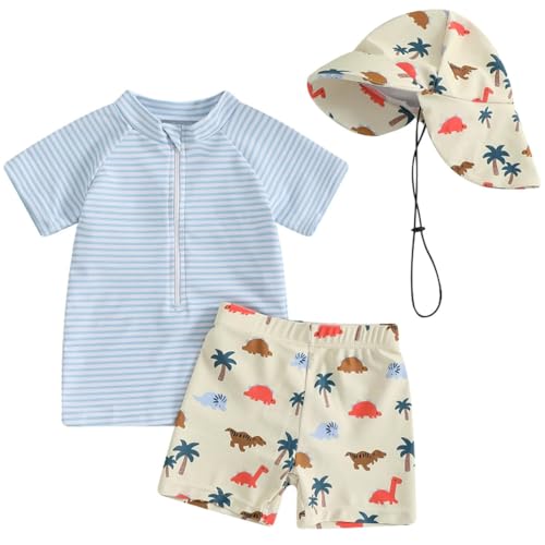 2-teilig Kleinkind Baby Jungen Badeanzug UPF 50+ UV-Schutz Kurzärmel T-Shirt + Badeshorts mit UV-Schutz Sonnenhut Rashguard Reißverschluss Badeset Schwimmanzug von TOKYMOON