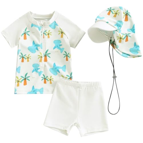 2-teilig Kleinkind Baby Jungen Badeanzug UPF 50+ UV-Schutz Kurzärmel T-Shirt + Badeshorts mit UV-Schutz Sonnenhut Rashguard Reißverschluss Badeset Schwimmanzug von TOKYMOON