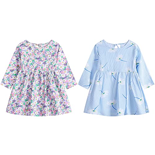 2er Pack Kinder Mädchen Kleider Prinzessin Kleid Langarm Kleidung Baumwolle Herbst Winter T-Shirt Kleid Blumen Kleid Kinder Kleid Süßes Muster Casual Kleider Lila + Hellblau 5-6 Jahre von TOKYMOON