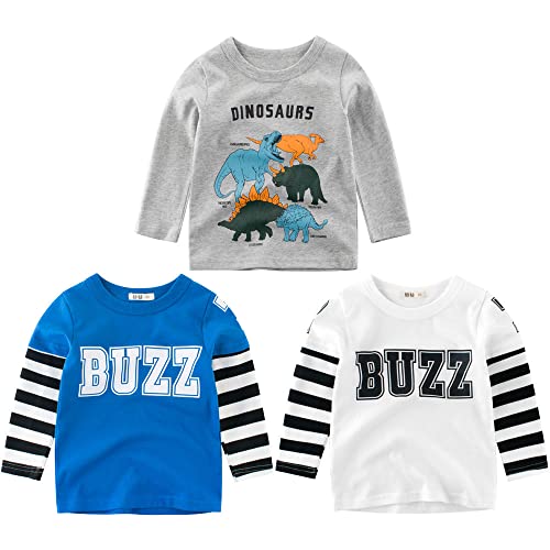 3er Pack Jungen Langarmshirt T Shirt Baby Kinder Jungen Rundhals Langarmshirt Baumwolle Shirt Dinosaurier Wagen Drucken T-Shirt Tops Kinder Shirt 1-7 Jahre (Krokodil + Dinosaurier, 140) von TOKYMOON