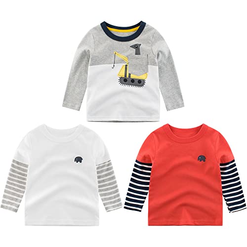 3er Pack Jungen Langarmshirt T Shirt Baby Kinder Jungen Rundhals Langarmshirt Baumwolle Shirt Dinosaurier Wagen Drucken T-Shirt Tops Kinder Shirt 1-7 Jahre (Rot, 120) von TOKYMOON