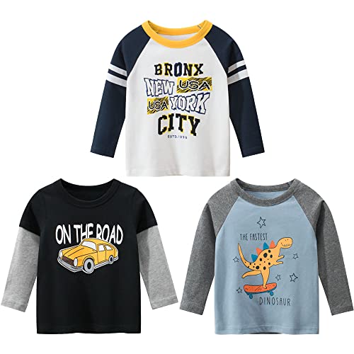 3er Pack Jungen Langarmshirt T Shirt Baby Kinder Jungen Rundhals Langarmshirt Baumwolle Shirt Dinosaurier Wagen Drucken T-Shirt Tops Kinder Shirt 1-7 Jahre (Schwarz+Blau, 110) von TOKYMOON