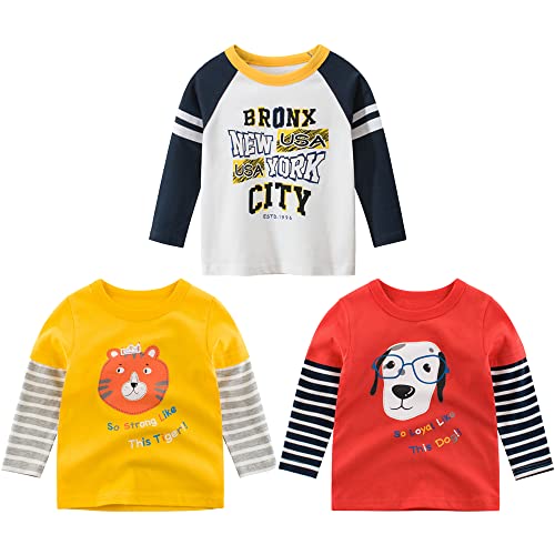 3er Pack Jungen Langarmshirt T Shirt Baby Kinder Jungen Rundhals Langarmshirt Baumwolle Shirt Dinosaurier Wagen Drucken T-Shirt Tops Kinder Shirt 1-7 Jahre (Tier, 100) von TOKYMOON