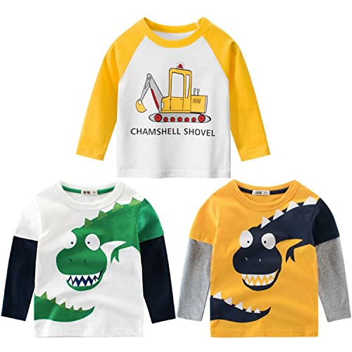 3er Pack Jungen Langarmshirt T Shirt Baby Kinder Jungen Rundhals Langarmshirt Baumwolle Shirt Dinosaurier Wagen Drucken T-Shirt Tops Kinder Shirt 1-7 Jahre Bagger 100 von TOKYMOON