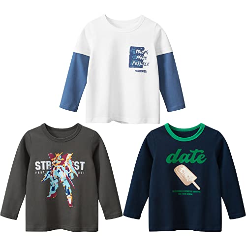 3er Pack Jungen Langarmshirt T Shirt Baby Kinder Jungen Rundhals Langarmshirt Baumwolle Shirt Dinosaurier Wagen Drucken T-Shirt Tops Kinder Shirt 1-7 Jahre Braun 120 von TOKYMOON