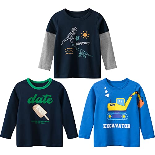 3er Pack Jungen Langarmshirt T Shirt Baby Kinder Jungen Rundhals Langarmshirt Baumwolle Shirt Dinosaurier Wagen Drucken T-Shirt Tops Kinder Shirt 1-7 Jahre Dinosaurier 1 100 von TOKYMOON