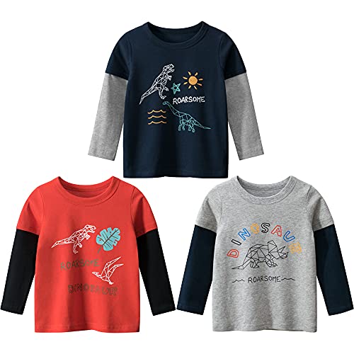 3er Pack Jungen Langarmshirt T Shirt Baby Kinder Jungen Rundhals Langarmshirt Baumwolle Shirt Dinosaurier Wagen Drucken T-Shirt Tops Kinder Shirt 1-7 Jahre Dinosaurier 2 110 von TOKYMOON