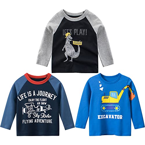 3er Pack Jungen Langarmshirt T Shirt Baby Kinder Jungen Rundhals Langarmshirt Baumwolle Shirt Dinosaurier Wagen Drucken T-Shirt Tops Kinder Shirt 1-7 Jahre Flugzeug 110 von TOKYMOON