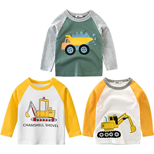 3er Pack Jungen Langarmshirt T Shirt Baby Kinder Jungen Rundhals Langarmshirt Baumwolle Shirt Dinosaurier Wagen Drucken T-Shirt Tops Kinder Shirt 1-7 Jahre Gelb+Weiß 100 von TOKYMOON