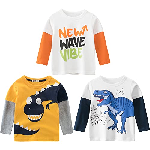 3er Pack Jungen Langarmshirt T Shirt Baby Kinder Jungen Rundhals Langarmshirt Baumwolle Shirt Dinosaurier Wagen Drucken T-Shirt Tops Kinder Shirt 1-7 Jahre Gelb 122-128 von TOKYMOON