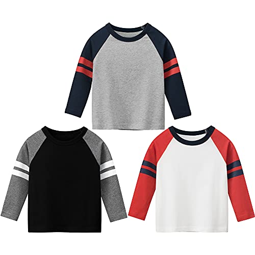 3er Pack Jungen Langarmshirt T Shirt Baby Kinder Jungen Rundhals Langarmshirt Baumwolle Shirt Dinosaurier Wagen Drucken T-Shirt Tops Kinder Shirt 1-7 Jahre Grau+Rot 100 von TOKYMOON