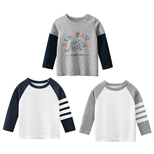 3er Pack Jungen Langarmshirt T Shirt Baby Kinder Jungen Rundhals Langarmshirt Baumwolle Shirt Dinosaurier Wagen Drucken T-Shirt Tops Kinder Shirt 1-7 Jahre Grau+weiß 120 von TOKYMOON