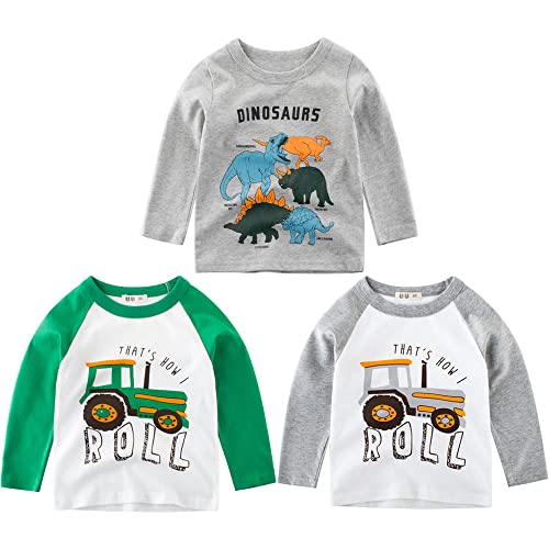 3er Pack Jungen Langarmshirt T Shirt Baby Kinder Jungen Rundhals Langarmshirt Baumwolle Shirt Dinosaurier Wagen Drucken T-Shirt Tops Kinder Shirt 1-7 Jahre Grau 104-110 von TOKYMOON