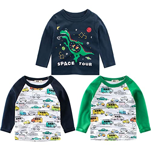 3er Pack Jungen Langarmshirt T Shirt Baby Kinder Jungen Rundhals Langarmshirt Baumwolle Shirt Dinosaurier Wagen Drucken T-Shirt Tops Kinder Shirt 1-7 Jahre Grün 110 von TOKYMOON