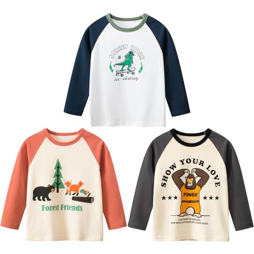 3er Pack Jungen Langarmshirt T Shirt Baby Kinder Jungen Rundhals Langarmshirt Baumwolle Shirt Dinosaurier Wagen Drucken T-Shirt Tops Kinder Shirt 1-7 Jahre Grüner Dinosaurier 140 von TOKYMOON