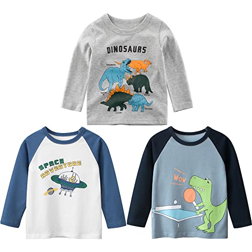 3er Pack Jungen Langarmshirt T Shirt Baby Kinder Jungen Rundhals Langarmshirt Baumwolle Shirt Dinosaurier Wagen Drucken T-Shirt Tops Kinder Shirt 1-7 Jahre Krokodil 110-116 von TOKYMOON