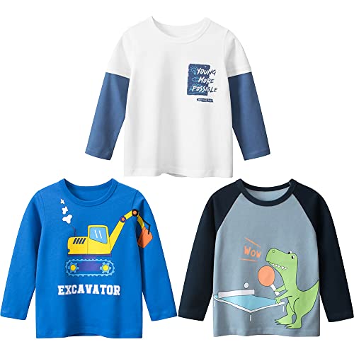 3er Pack Jungen Langarmshirt T Shirt Baby Kinder Jungen Rundhals Langarmshirt Baumwolle Shirt Dinosaurier Wagen Drucken T-Shirt Tops Kinder Shirt 1-7 Jahre Navy blau 110 von TOKYMOON