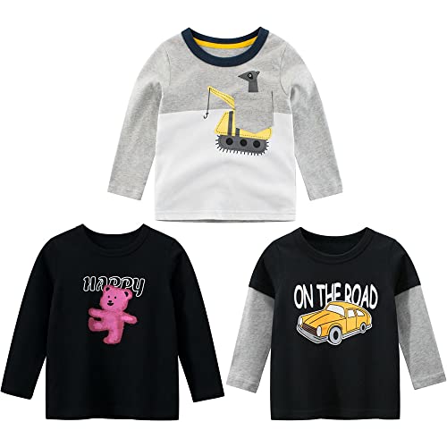 3er Pack Jungen Langarmshirt T Shirt Baby Kinder Jungen Rundhals Langarmshirt Baumwolle Shirt Dinosaurier Wagen Drucken T-Shirt Tops Kinder Shirt 1-7 Jahre Schwarz+Grau 120 von TOKYMOON