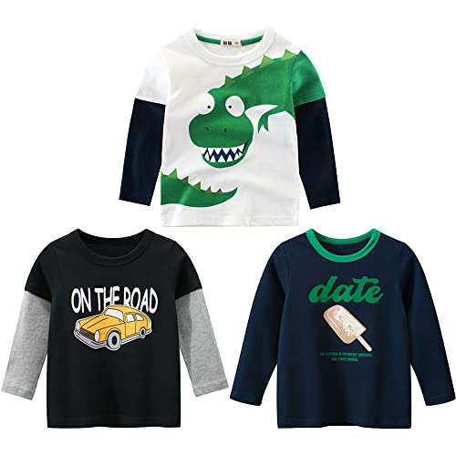 3er Pack Jungen Langarmshirt T Shirt Baby Kinder Jungen Rundhals Langarmshirt Baumwolle Shirt Dinosaurier Wagen Drucken T-Shirt Tops Kinder Shirt 1-7 Jahre Schwarz+Grün 110 von TOKYMOON